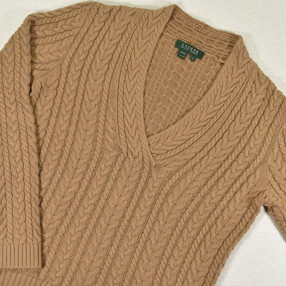 Lauren Ralph Lauren Sweater Small S Camel Tan Cable Knit V Neck Pullover Classic